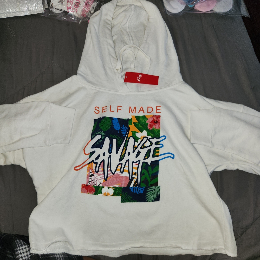 "Savage" White Cropped Hoodie - Women's Crop Top